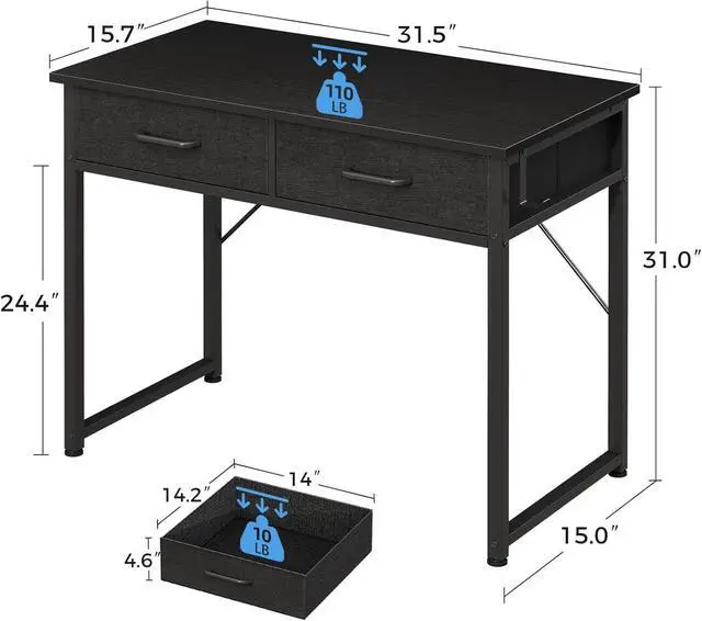 Alt view image 3 of 7 - Casaottima 32 Inch Small Office Computer Desk with 2 Drawers & Headphone Hook - Compact Writing Desk for Home Office, Study or Work, Modern Space-Saving Design for Small Spaces, Black