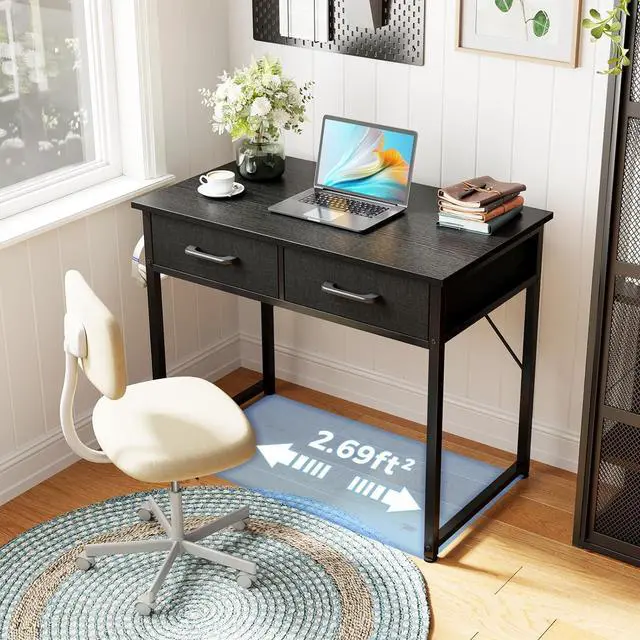 Alt view image 4 of 7 - Casaottima 32 Inch Small Office Computer Desk with 2 Drawers & Headphone Hook - Compact Writing Desk for Home Office, Study or Work, Modern Space-Saving Design for Small Spaces, Black