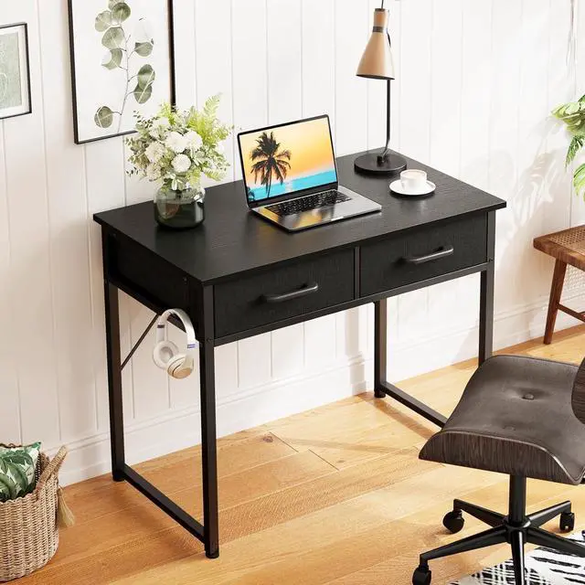 Alt view image 5 of 7 - Casaottima 32 Inch Small Office Computer Desk with 2 Drawers & Headphone Hook - Compact Writing Desk for Home Office, Study or Work, Modern Space-Saving Design for Small Spaces, Black