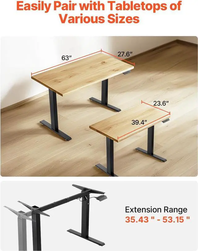 Alt view image 5 of 7 - VEVOR Standing Desk Frame, Adjustable 27.6-46.1 inch Height & 35.4-53.2 inch Length Electric Stand Up Computer Desk Legs, Ergonomic DIY Workstation Base for Home and Office (Black Frame Only)