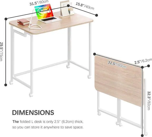 Alt view image 3 of 6 - 4NM 31.5" Mobile Small Rolling Computer Desk, Folding Laptop Cart Table with Wheels, Portable Office Desk for Small Space Couch Bed - Natural and White