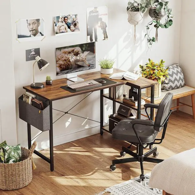 Alt view image 2 of 7 - Cubiker L Shaped Desk, 55" Computer Desk with Reversible Storage Shelves Home Office Corner Desk Study Writing Gaming Table, Deep Brown