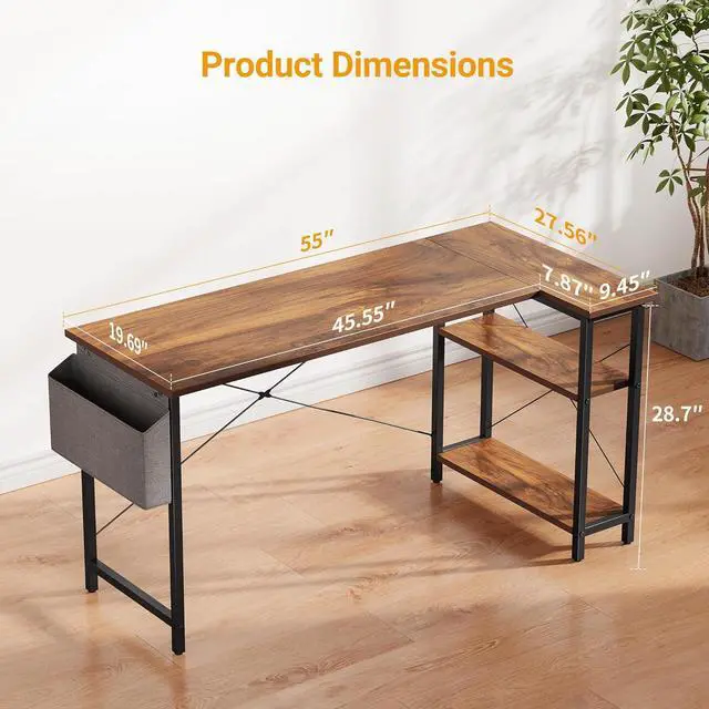 Alt view image 3 of 7 - Cubiker L Shaped Desk, 55" Computer Desk with Reversible Storage Shelves Home Office Corner Desk Study Writing Gaming Table, Deep Brown