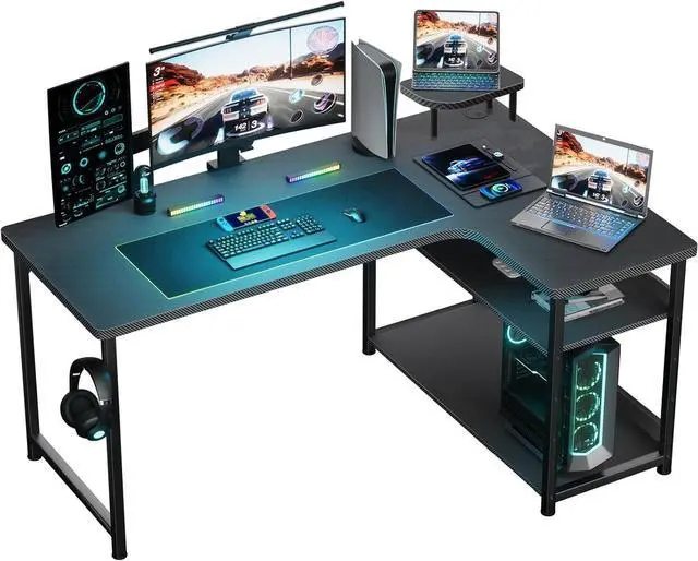 Main image of GTRACING L Shaped Gaming Desk, Carbon Fiber Style Computer Desk Compatible with Monitor Arm Storage Shelves Corner Desk Gaming Table for Home Office Desks Easy to Assemble Adjustable Shelf Height