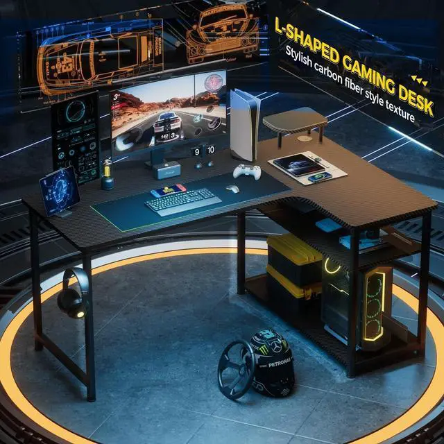 Alt view image 2 of 7 - GTRACING L Shaped Gaming Desk, Carbon Fiber Style Computer Desk Compatible with Monitor Arm Storage Shelves Corner Desk Gaming Table for Home Office Desks Easy to Assemble Adjustable Shelf Height