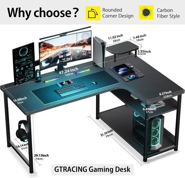 Alt view image 3 of 7 - GTRACING L Shaped Gaming Desk, Carbon Fiber Style Computer Desk Compatible with Monitor Arm Storage Shelves Corner Desk Gaming Table for Home Office Desks Easy to Assemble Adjustable Shelf Height