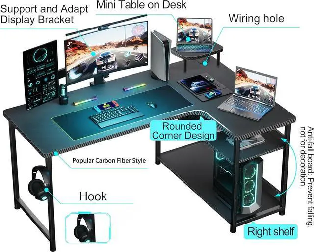 Alt view image 5 of 7 - GTRACING L Shaped Gaming Desk, Carbon Fiber Style Computer Desk Compatible with Monitor Arm Storage Shelves Corner Desk Gaming Table for Home Office Desks Easy to Assemble Adjustable Shelf Height