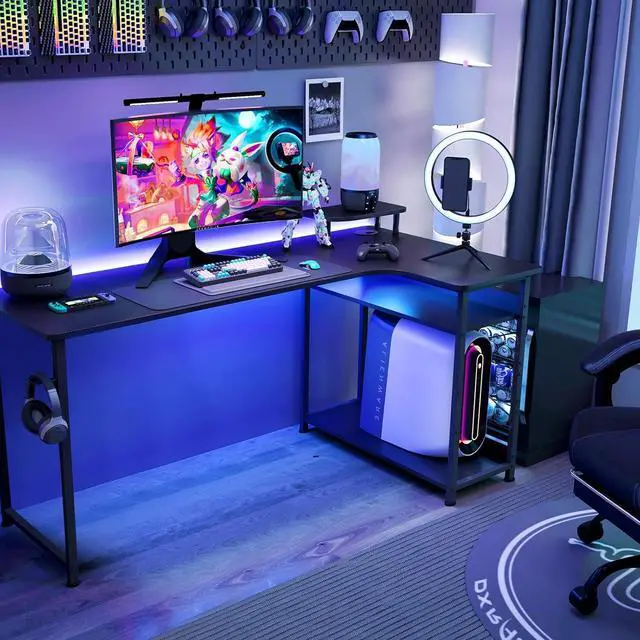 Alt view image 7 of 7 - GTRACING L Shaped Gaming Desk, Carbon Fiber Style Computer Desk Compatible with Monitor Arm Storage Shelves Corner Desk Gaming Table for Home Office Desks Easy to Assemble Adjustable Shelf Height