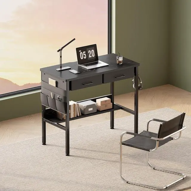 Alt view image 2 of 7 - Small Desk with Drawers for Bedroom, Small Vanity Desk Without Mirror, 31.5inch, Writing Desk with Bookshelf, Computer Desk with Storage Drawers, Vanity Table no Mirror Black