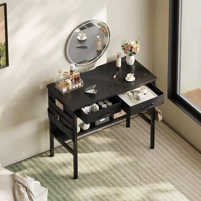 Alt view image 4 of 7 - Small Desk with Drawers for Bedroom, Small Vanity Desk Without Mirror, 31.5inch, Writing Desk with Bookshelf, Computer Desk with Storage Drawers, Vanity Table no Mirror Black