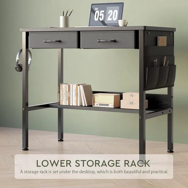 Alt view image 6 of 7 - Small Desk with Drawers for Bedroom, Small Vanity Desk Without Mirror, 31.5inch, Writing Desk with Bookshelf, Computer Desk with Storage Drawers, Vanity Table no Mirror Black