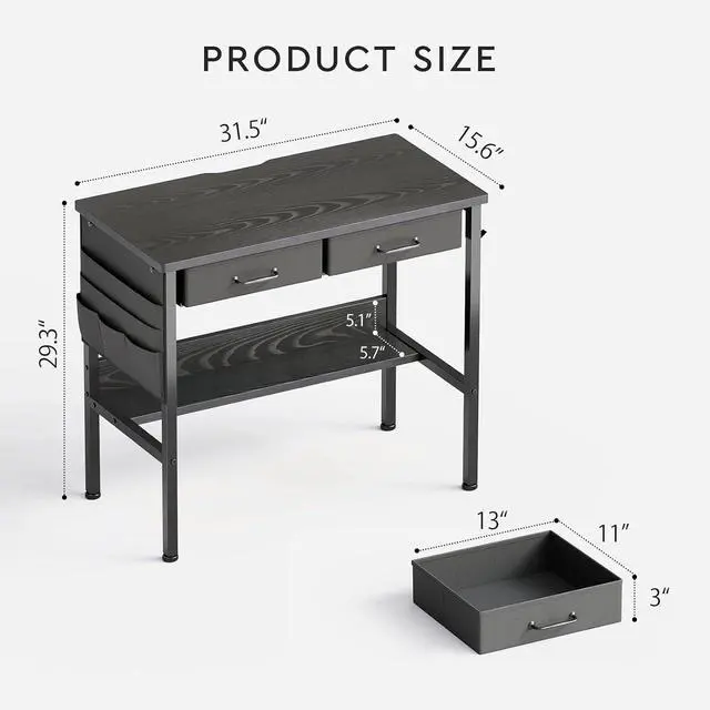 Alt view image 3 of 7 - Small Desk with Drawers for Bedroom, Small Vanity Desk Without Mirror, 31.5inch, Writing Desk with Bookshelf, Computer Desk with Storage Drawers, Vanity Table no Mirror Black