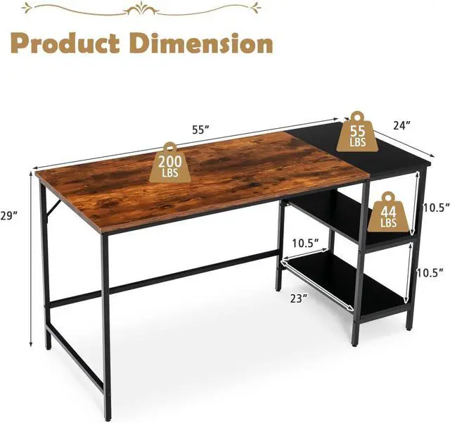 Alt view image 3 of 7 - COSTWAY 55 Computer Desk, PC Laptop Desk with Storage Shelves, Large Computer Desk with Splice Board, Adjustable Foot Pads, Industrial Home Office Desk for Writing, Study, Game (Rustic Brown)
