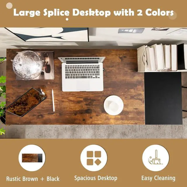Alt view image 4 of 7 - COSTWAY 55 Computer Desk, PC Laptop Desk with Storage Shelves, Large Computer Desk with Splice Board, Adjustable Foot Pads, Industrial Home Office Desk for Writing, Study, Game (Rustic Brown)