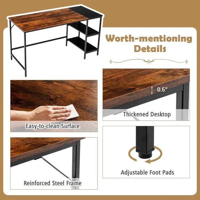Alt view image 5 of 7 - COSTWAY 55 Computer Desk, PC Laptop Desk with Storage Shelves, Large Computer Desk with Splice Board, Adjustable Foot Pads, Industrial Home Office Desk for Writing, Study, Game (Rustic Brown)