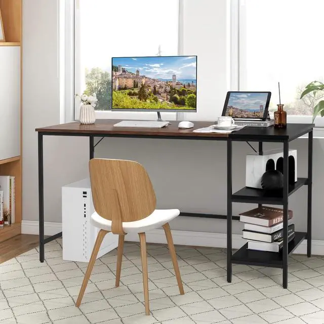 Alt view image 7 of 7 - COSTWAY 55 Computer Desk, PC Laptop Desk with Storage Shelves, Large Computer Desk with Splice Board, Adjustable Foot Pads, Industrial Home Office Desk for Writing, Study, Game (Rustic Brown)