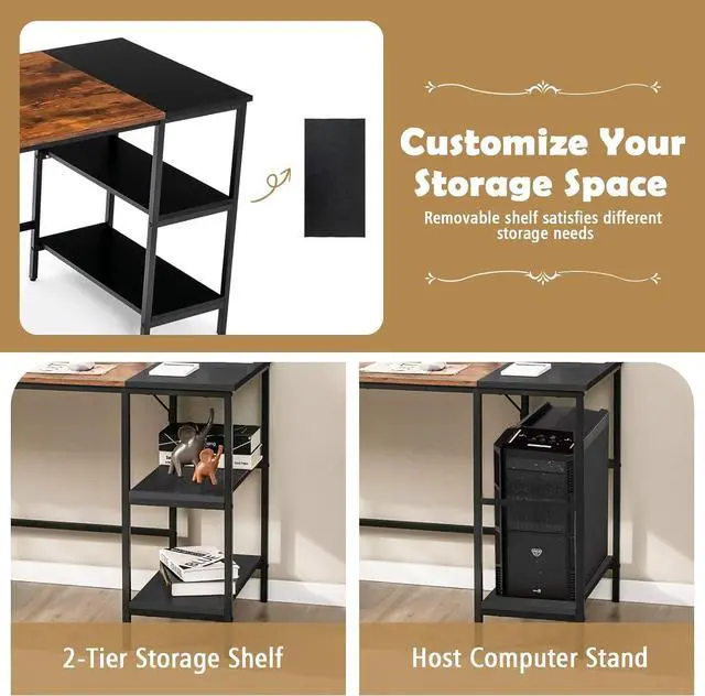 Alt view image 6 of 7 - COSTWAY 55 Computer Desk, PC Laptop Desk with Storage Shelves, Large Computer Desk with Splice Board, Adjustable Foot Pads, Industrial Home Office Desk for Writing, Study, Game (Rustic Brown)