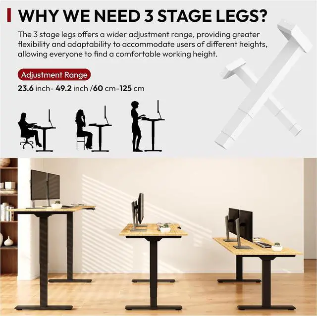 Alt view image 2 of 7 - Standing Desk 3 Stages Dual Motor 60 inch Whole-Piece Real Bamboo Desktop Height Adjustable Desk for Home Office Stand Up (Black Frame/ 60" Curved Natural Bamboo Top)
