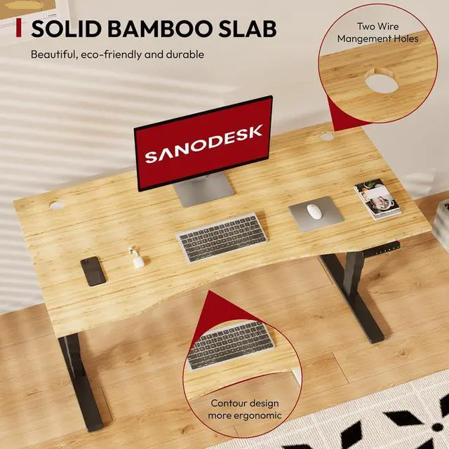 Alt view image 3 of 7 - Standing Desk 3 Stages Dual Motor 60 inch Whole-Piece Real Bamboo Desktop Height Adjustable Desk for Home Office Stand Up (Black Frame/ 60" Curved Natural Bamboo Top)