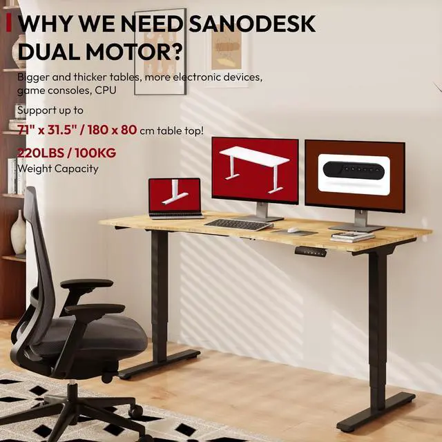 Alt view image 4 of 7 - Standing Desk 3 Stages Dual Motor 60 inch Whole-Piece Real Bamboo Desktop Height Adjustable Desk for Home Office Stand Up (Black Frame/ 60" Curved Natural Bamboo Top)