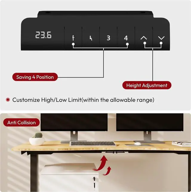 Alt view image 6 of 7 - Standing Desk 3 Stages Dual Motor 60 inch Whole-Piece Real Bamboo Desktop Height Adjustable Desk for Home Office Stand Up (Black Frame/ 60" Curved Natural Bamboo Top)