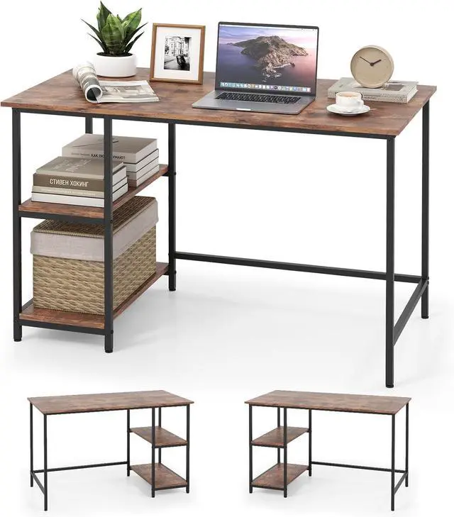 Main image of Tangkula Home Office Computer Desk with 2 Tier Reversible & Adjustable Shelves, Industrial Study Writing Desk Workstation, Laptop Table with Sturdy Metal Frame (Rustic Brown)