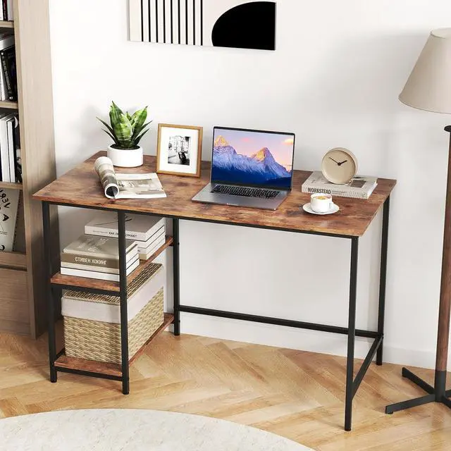 Alt view image 2 of 7 - Tangkula Home Office Computer Desk with 2 Tier Reversible & Adjustable Shelves, Industrial Study Writing Desk Workstation, Laptop Table with Sturdy Metal Frame (Rustic Brown)