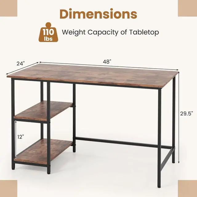 Alt view image 3 of 7 - Tangkula Home Office Computer Desk with 2 Tier Reversible & Adjustable Shelves, Industrial Study Writing Desk Workstation, Laptop Table with Sturdy Metal Frame (Rustic Brown)