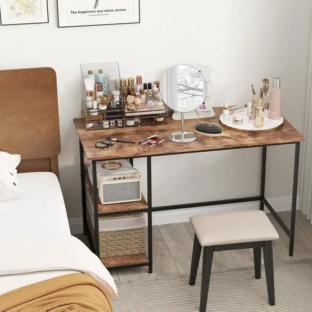 Alt view image 4 of 7 - Tangkula Home Office Computer Desk with 2 Tier Reversible & Adjustable Shelves, Industrial Study Writing Desk Workstation, Laptop Table with Sturdy Metal Frame (Rustic Brown)