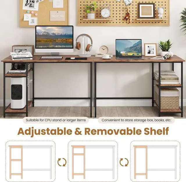 Alt view image 7 of 7 - Tangkula Home Office Computer Desk with 2 Tier Reversible & Adjustable Shelves, Industrial Study Writing Desk Workstation, Laptop Table with Sturdy Metal Frame (Rustic Brown)