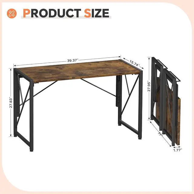 Alt view image 3 of 7 - Homeiju Folding Desk, Small Foldable Desk 40" for Small Spaces, Portable Desks for Bedroom, Home Office, Folding Table for Camping, Traveling, Space Saving, Easy Assembly, Rustic Brown