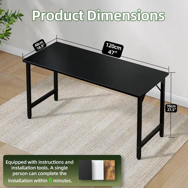 Alt view image 3 of 7 - Grandder 47 inch Computer Desk, Home Office Desk Study Writing Kid Table, Simple PC Gaming Desk, Adjustable Feet, Black