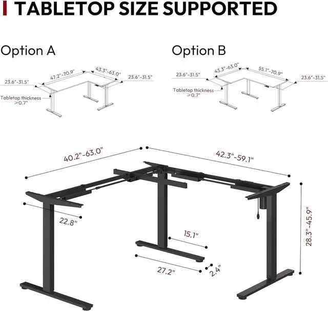 Alt view image 3 of 7 - SANODESK Electric Height Adjustable 3-Leg L Shaped Standing Desk Frame, Support up to 220lbs, Sit Stand Ergonomic L Desk Frame Only, Black