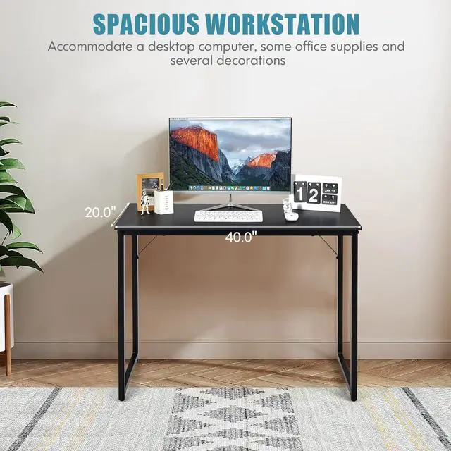 Alt view image 3 of 7 - COSTWAY Home Office Computer Desk, 40 inch Modern Simple Writing Study Desk, Metal Frame Gaming Desk, Laptop PC Workstation for Living Room, Bedroom & Study (Black)