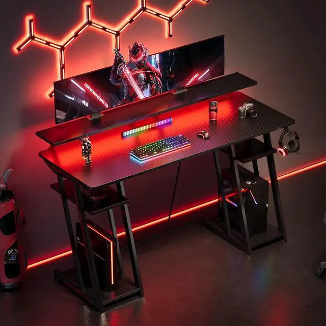Alt view image 2 of 7 - 53-inch Gaming Desk with LED Lights & Power Outlets|Carbon Fiber Gaming Table with Monitor Stand & Adjustable Storage Shelves|RGB Ergonomic Gamer Desk for PC Setup, Esports & Streaming, Black