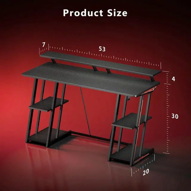 Alt view image 3 of 7 - 53-inch Gaming Desk with LED Lights & Power Outlets|Carbon Fiber Gaming Table with Monitor Stand & Adjustable Storage Shelves|RGB Ergonomic Gamer Desk for PC Setup, Esports & Streaming, Black