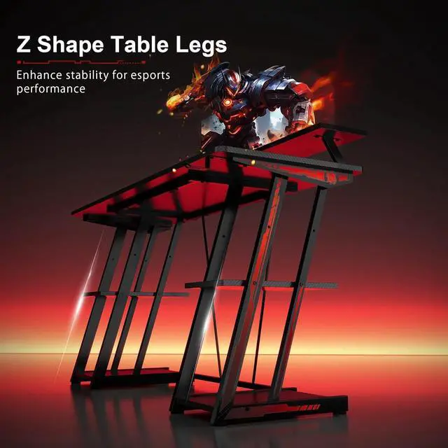 Alt view image 7 of 7 - 53-inch Gaming Desk with LED Lights & Power Outlets|Carbon Fiber Gaming Table with Monitor Stand & Adjustable Storage Shelves|RGB Ergonomic Gamer Desk for PC Setup, Esports & Streaming, Black