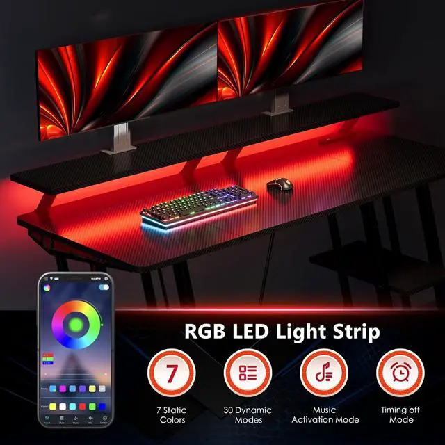 Alt view image 4 of 7 - 53-inch Gaming Desk with LED Lights & Power Outlets|Carbon Fiber Gaming Table with Monitor Stand & Adjustable Storage Shelves|RGB Ergonomic Gamer Desk for PC Setup, Esports & Streaming, Black