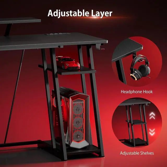Alt view image 6 of 7 - 53-inch Gaming Desk with LED Lights & Power Outlets|Carbon Fiber Gaming Table with Monitor Stand & Adjustable Storage Shelves|RGB Ergonomic Gamer Desk for PC Setup, Esports & Streaming, Black