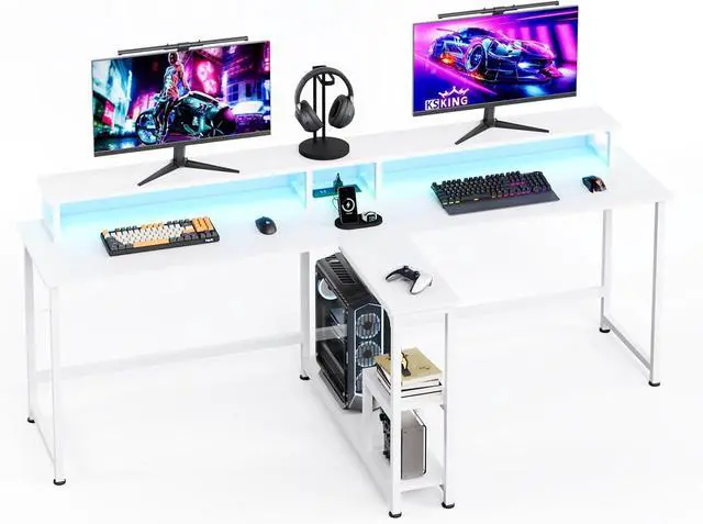 Main image of MUTUN Two Person Desk with LED Light, 83.7 Inch Computer Office Double Desk with Monitor Stand and Power Outlets, Rustic Writing Table Workstation with Shelves, Long Desk for Home Office, White