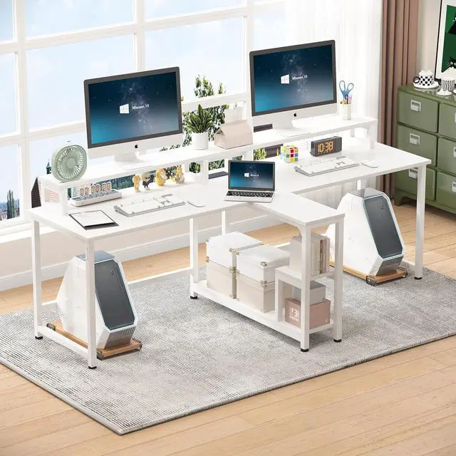 Alt view image 2 of 7 - MUTUN Two Person Desk with LED Light, 83.7 Inch Computer Office Double Desk with Monitor Stand and Power Outlets, Rustic Writing Table Workstation with Shelves, Long Desk for Home Office, White
