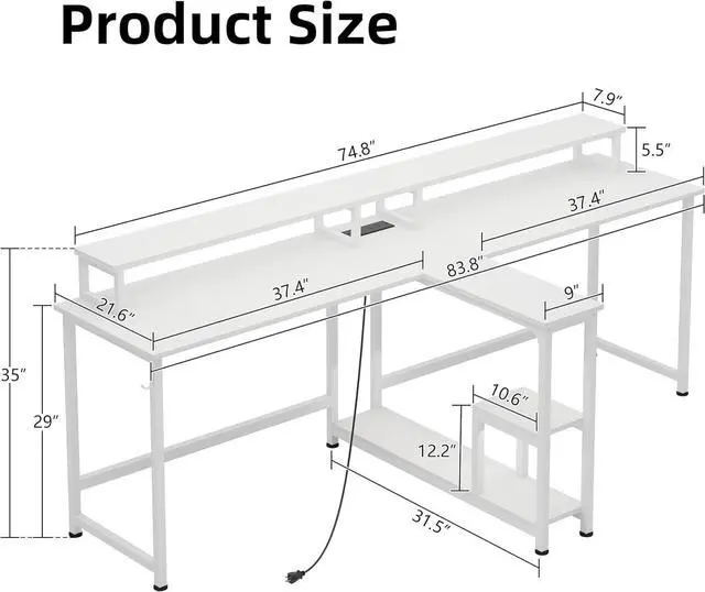 Alt view image 3 of 7 - MUTUN Two Person Desk with LED Light, 83.7 Inch Computer Office Double Desk with Monitor Stand and Power Outlets, Rustic Writing Table Workstation with Shelves, Long Desk for Home Office, White
