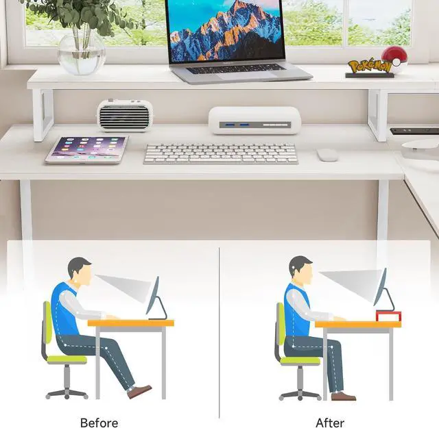 Alt view image 4 of 7 - MUTUN Two Person Desk with LED Light, 83.7 Inch Computer Office Double Desk with Monitor Stand and Power Outlets, Rustic Writing Table Workstation with Shelves, Long Desk for Home Office, White