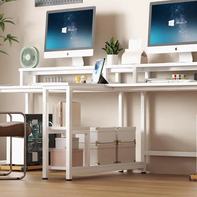 Alt view image 6 of 7 - MUTUN Two Person Desk with LED Light, 83.7 Inch Computer Office Double Desk with Monitor Stand and Power Outlets, Rustic Writing Table Workstation with Shelves, Long Desk for Home Office, White