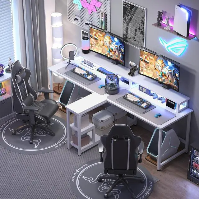 Alt view image 7 of 7 - MUTUN Two Person Desk with LED Light, 83.7 Inch Computer Office Double Desk with Monitor Stand and Power Outlets, Rustic Writing Table Workstation with Shelves, Long Desk for Home Office, White