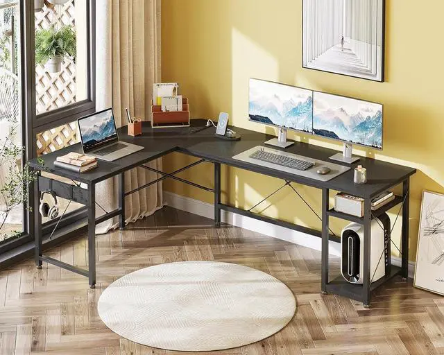 Alt view image 2 of 7 - Coleshome L Shaped Computer Desk 66" with Power Outlet & Storage Shelves, Corner Sturdy Writing Desk Workstation, Modern Wooden Office Gaming Desk, Wood & Metal, Black