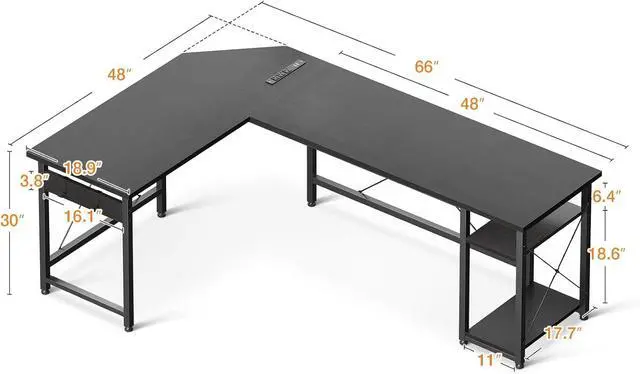 Alt view image 3 of 7 - Coleshome L Shaped Computer Desk 66" with Power Outlet & Storage Shelves, Corner Sturdy Writing Desk Workstation, Modern Wooden Office Gaming Desk, Wood & Metal, Black