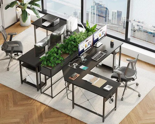 Alt view image 5 of 7 - Coleshome L Shaped Computer Desk 66" with Power Outlet & Storage Shelves, Corner Sturdy Writing Desk Workstation, Modern Wooden Office Gaming Desk, Wood & Metal, Black