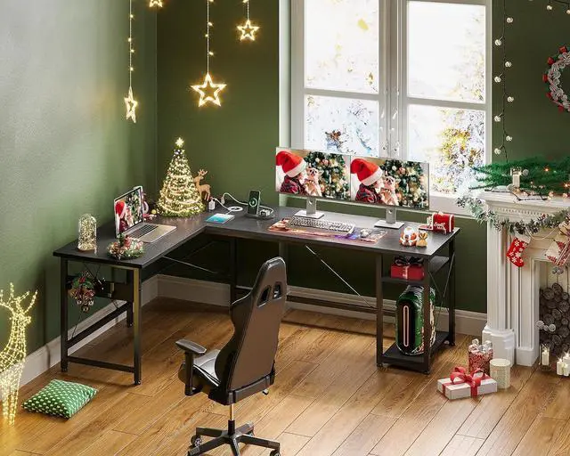 Alt view image 6 of 7 - Coleshome L Shaped Computer Desk 66" with Power Outlet & Storage Shelves, Corner Sturdy Writing Desk Workstation, Modern Wooden Office Gaming Desk, Wood & Metal, Black