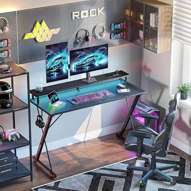Alt view image 2 of 7 - TIQLAB Gaming Desk with Power Outlets & LED 40 Inch Ergonomic Computer Carbon Fiber Surface Gamer Desk, Large Monitor Stand, Headphone Hook, PC Workstation for Bedroom, Black